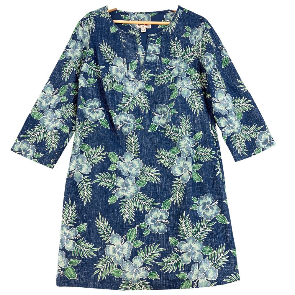 Reyn Spooner Limited Issue Blue Hibiscus Floral Cotton Shift Dress L Resort Luau